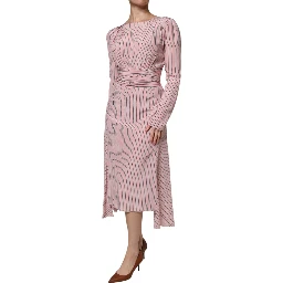 Pink Stripes Silk Long Sleeves Midi Dress