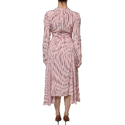 Pink Stripes Silk Long Sleeves Midi Dress