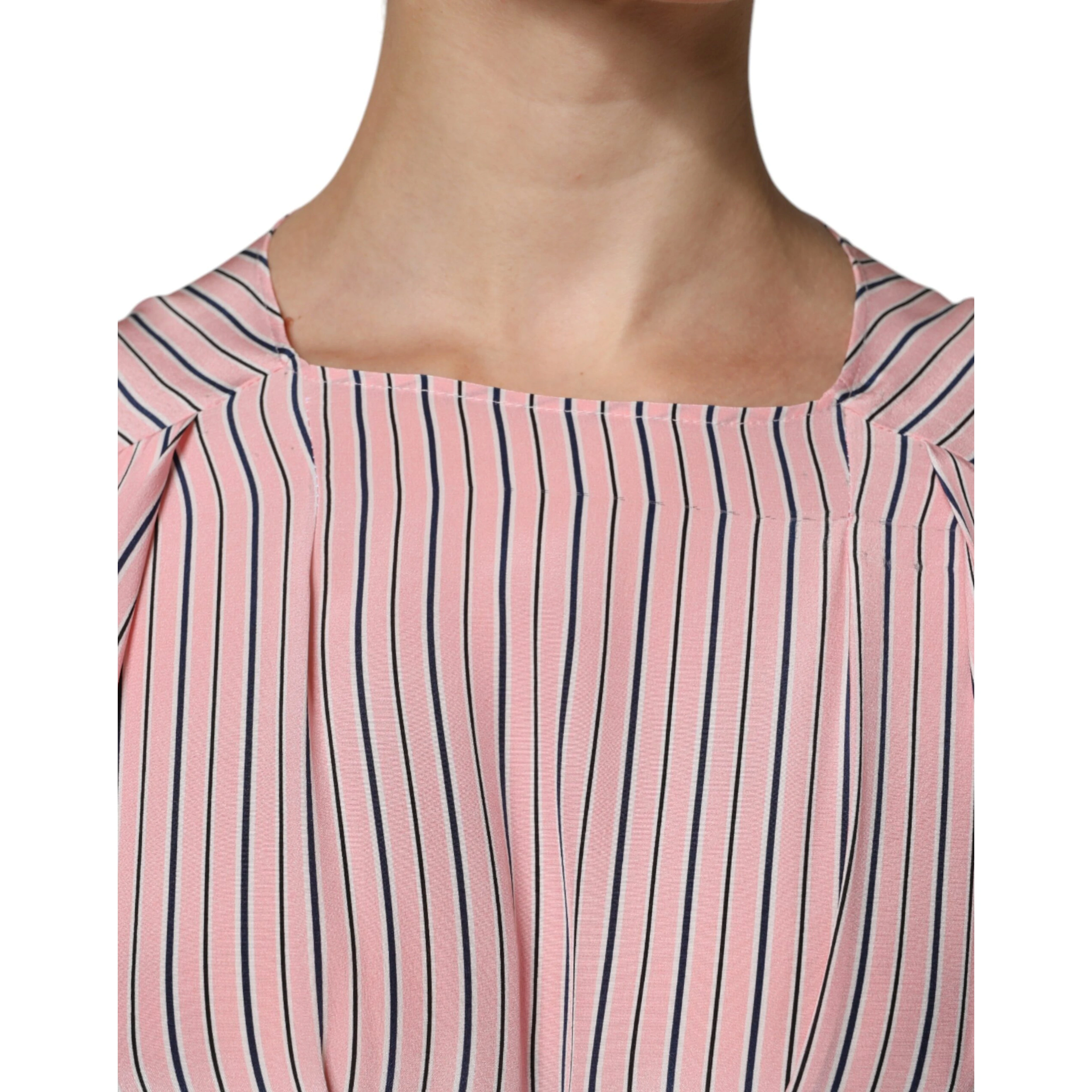 Pink Stripes Silk Long Sleeves Midi Dress