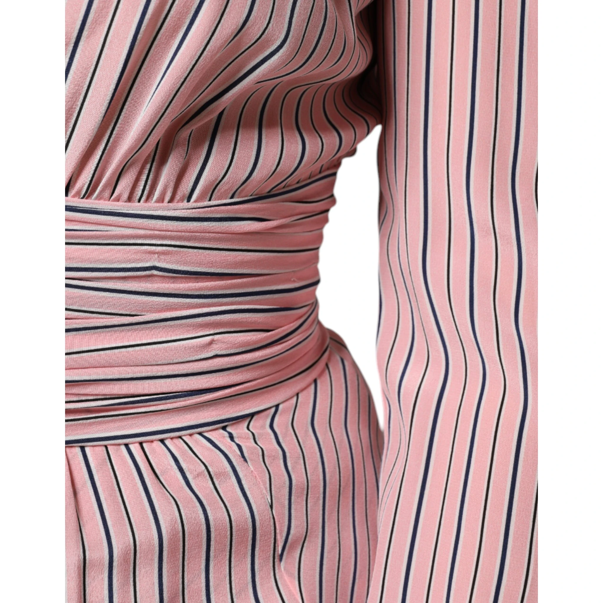 Pink Stripes Silk Long Sleeves Midi Dress