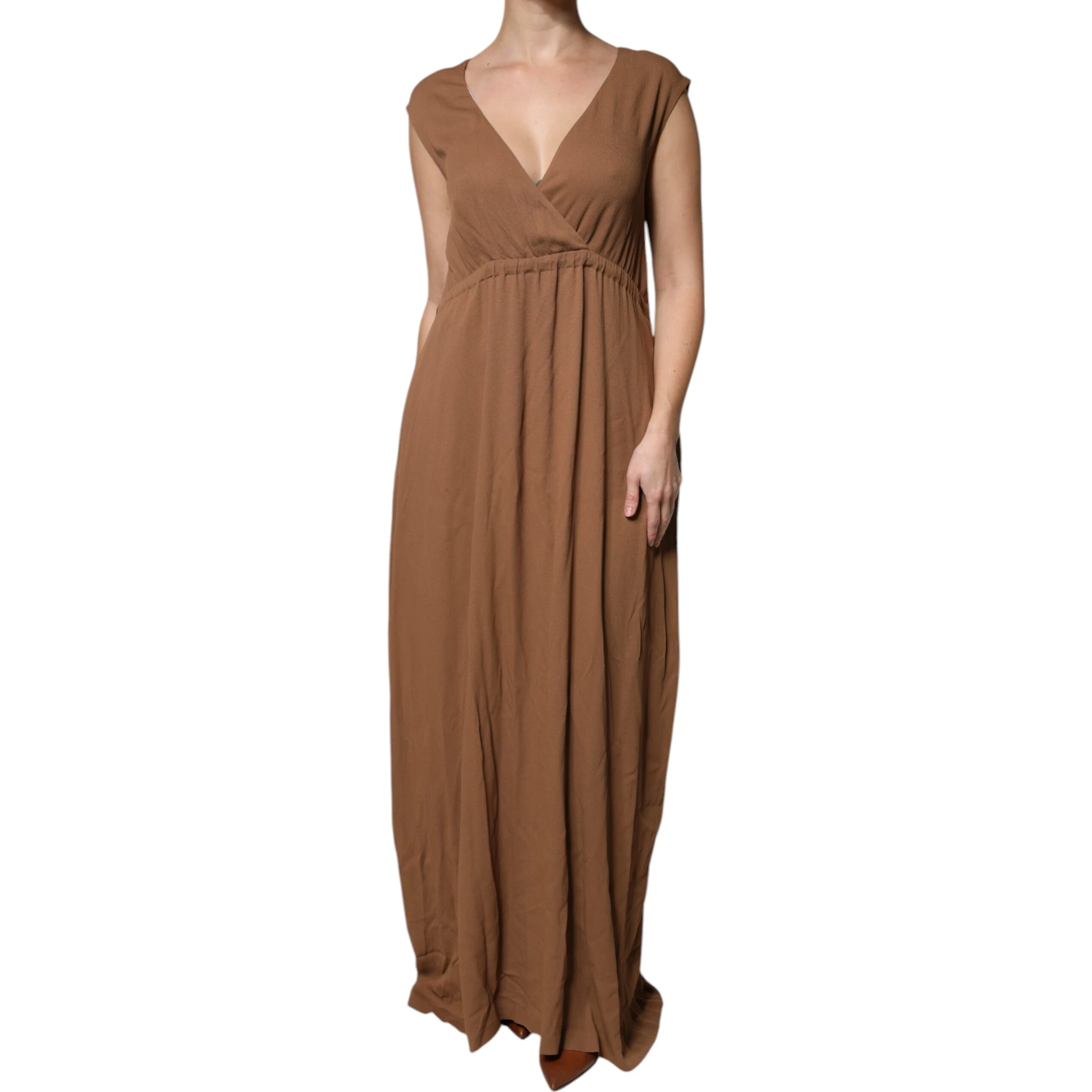 Brown Sleeveless Deep V-neck A-line Long Maxi Dress