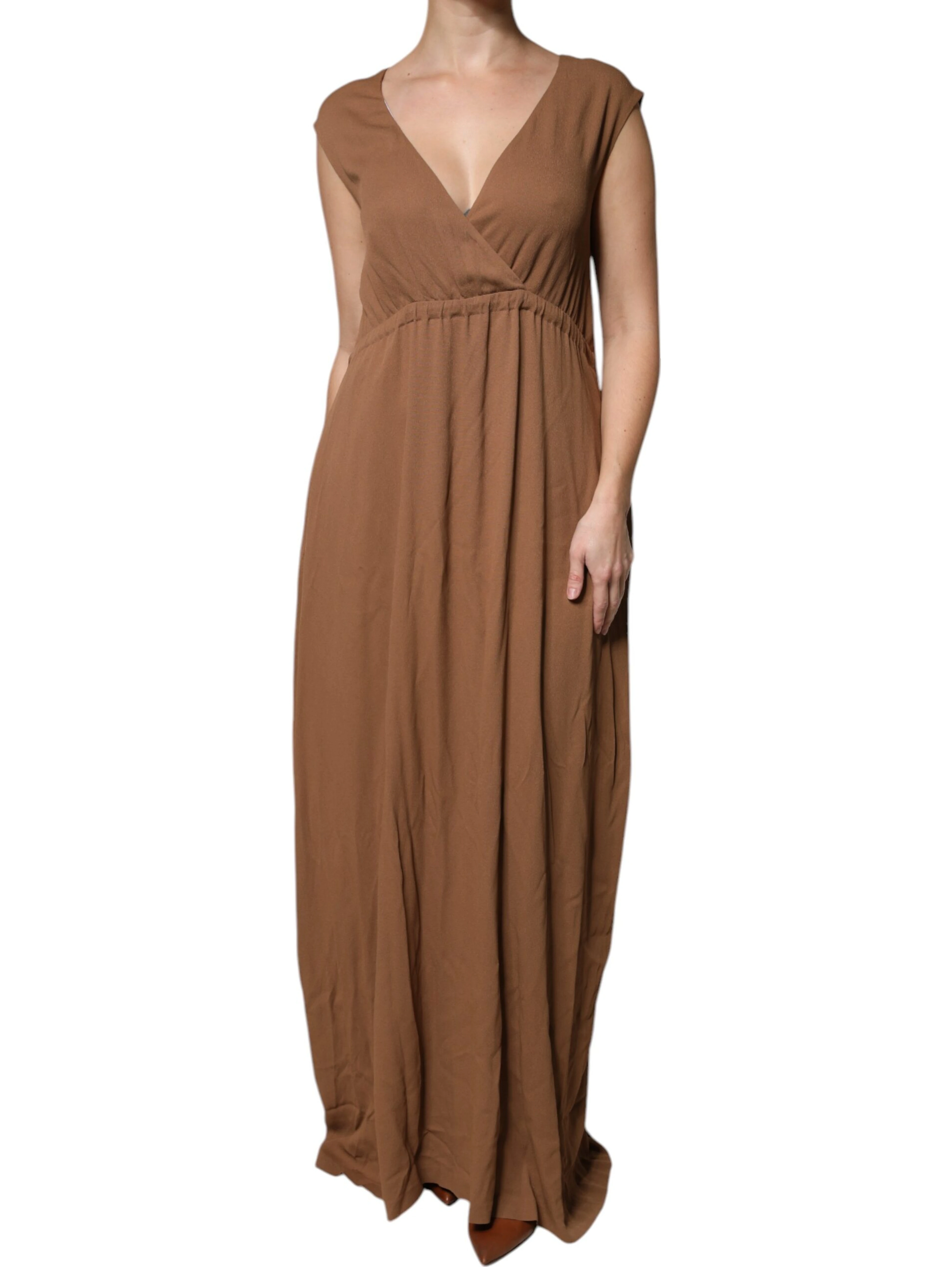 Brown Sleeveless Deep V-neck A-line Long Maxi Dress