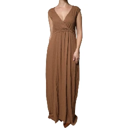 Brown Sleeveless Deep V-neck A-line Long Maxi Dress