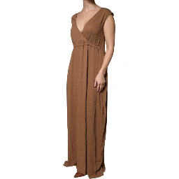 Brown Sleeveless Deep V-neck A-line Long Maxi Dress