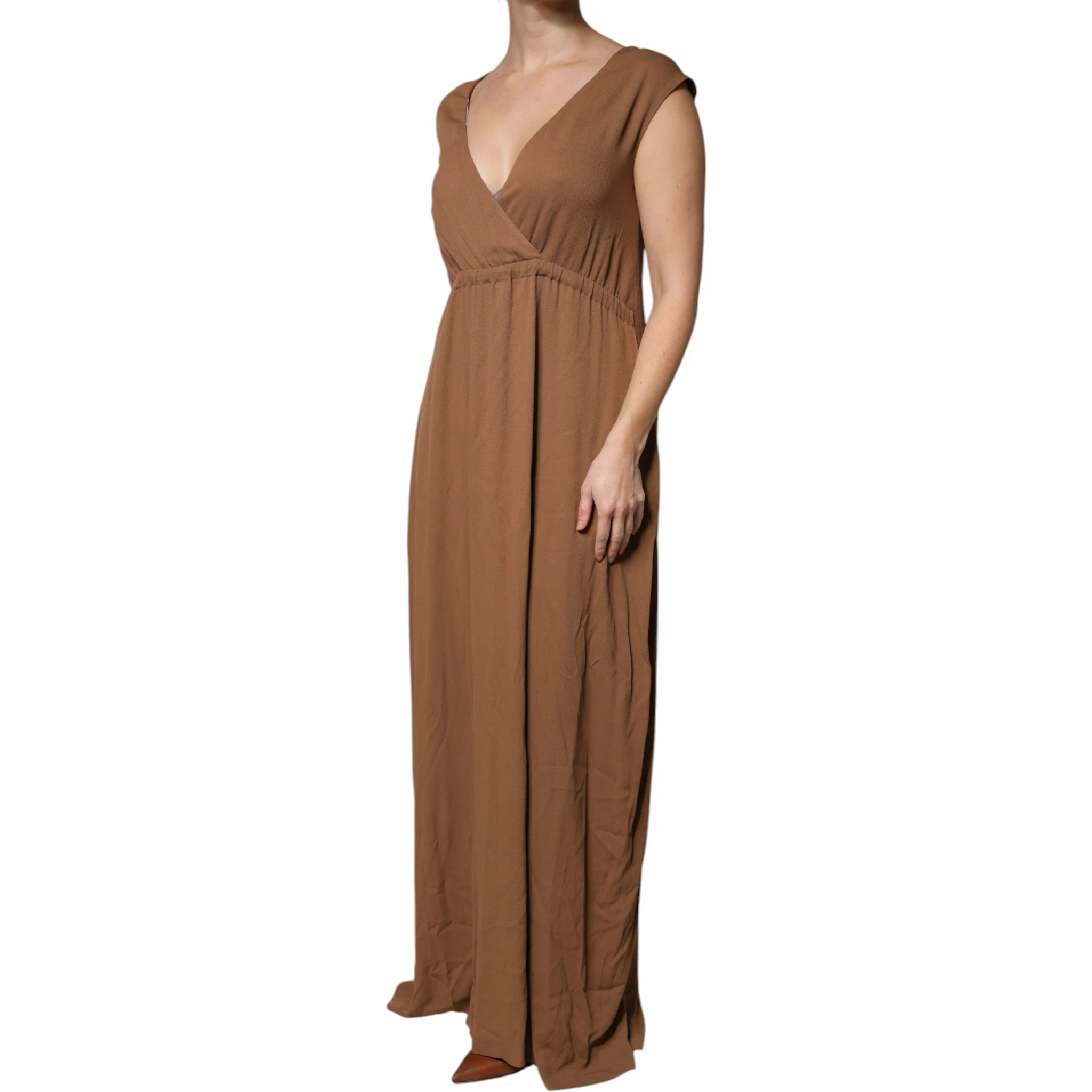 Brown Sleeveless Deep V-neck A-line Long Maxi Dress