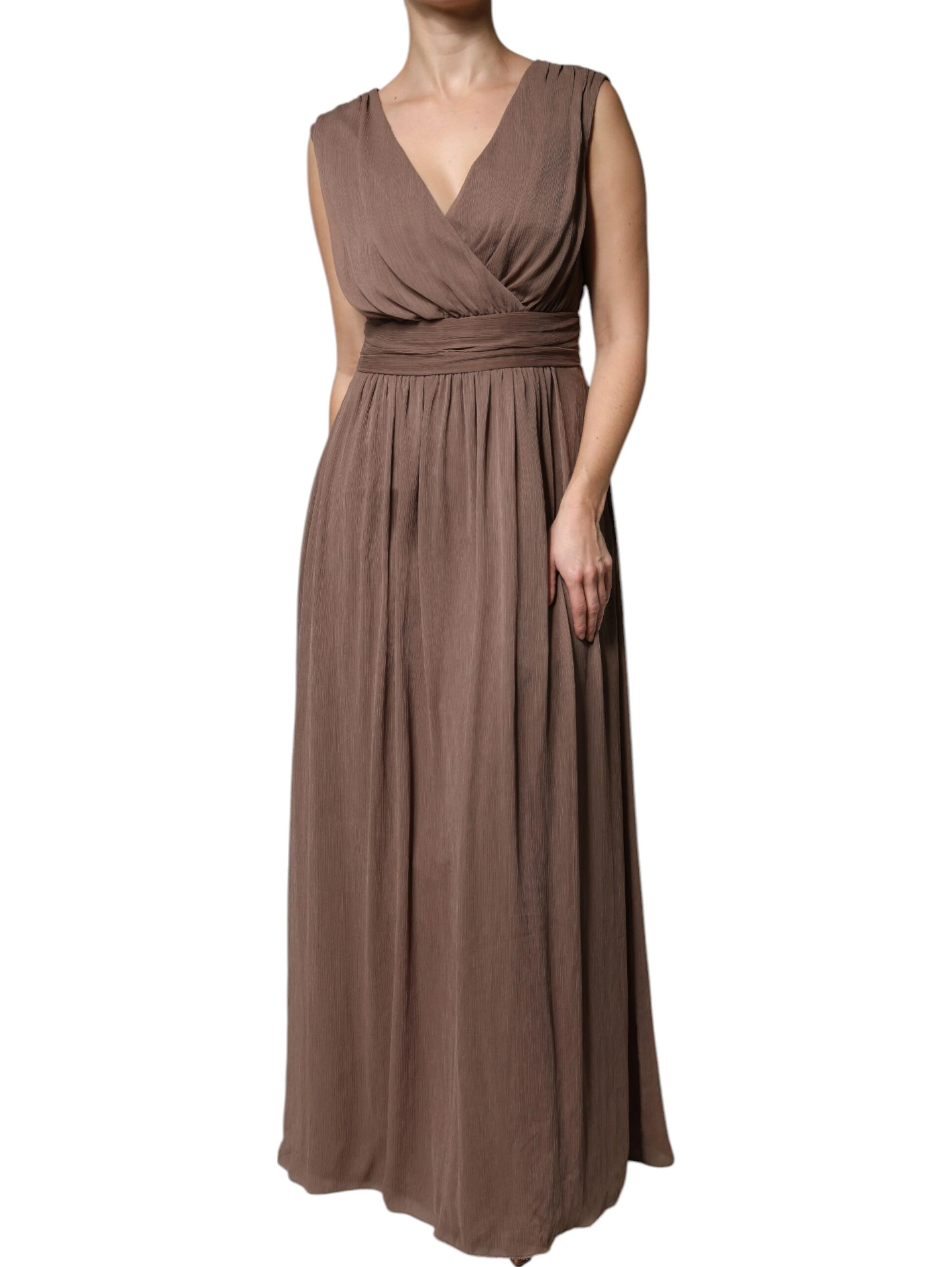 Brown Sleeveless Deep V-neck A-line Long Maxi Dress