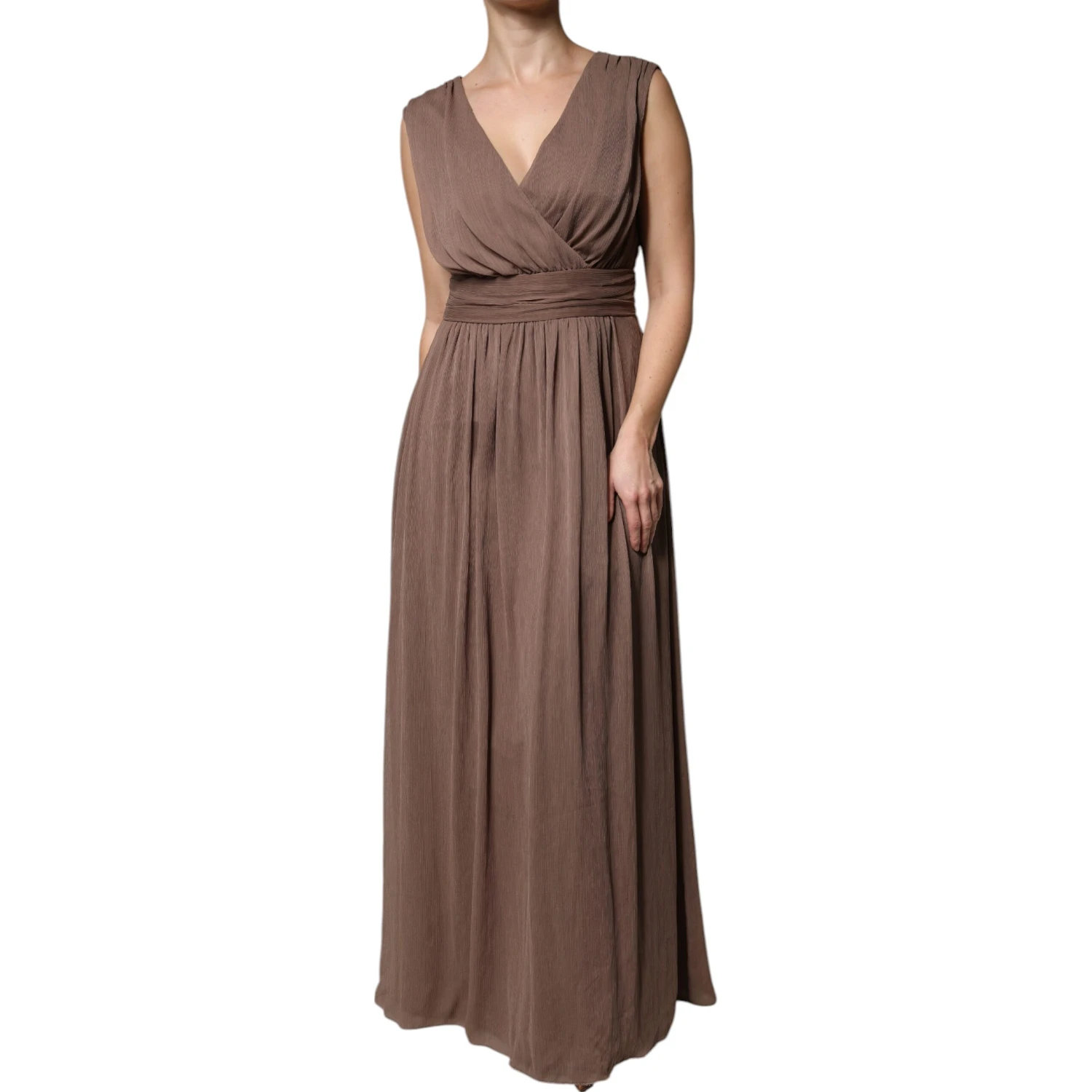Brown Sleeveless Deep V-neck A-line Long Maxi Dress