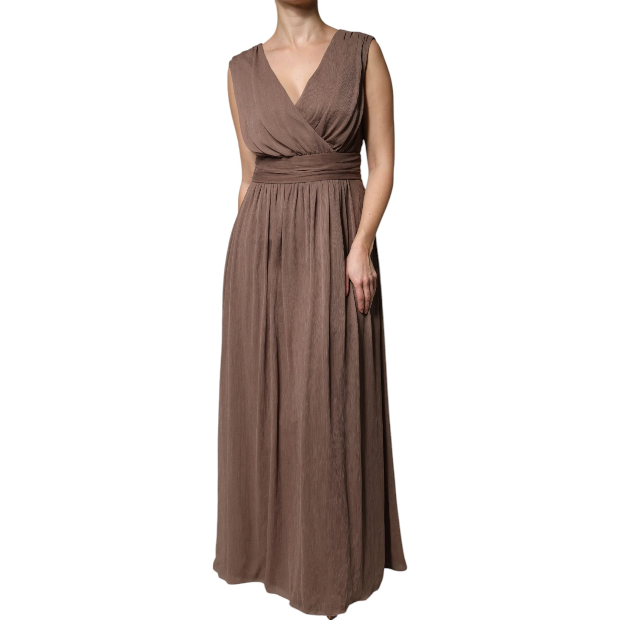 Brown Sleeveless Deep V-neck A-line Long Maxi Dress