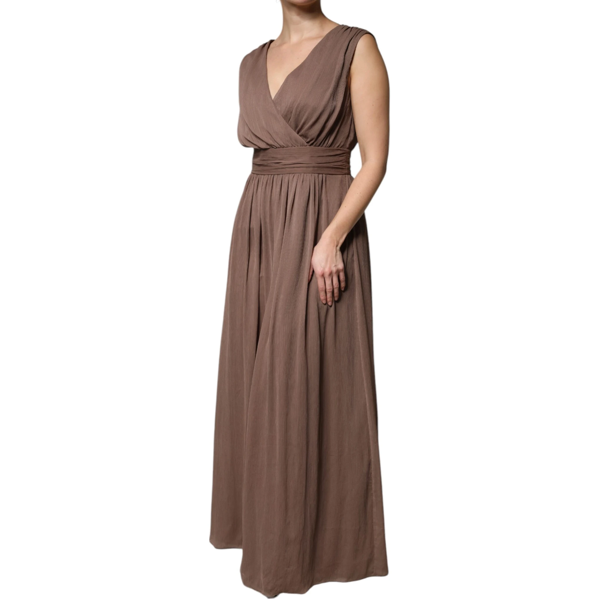Brown Sleeveless Deep V-neck A-line Long Maxi Dress