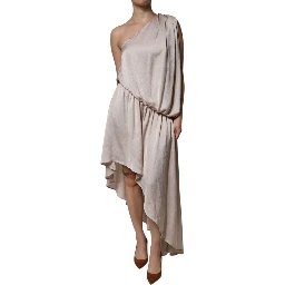Beige One Shoulder Asymmetric Drape Dress