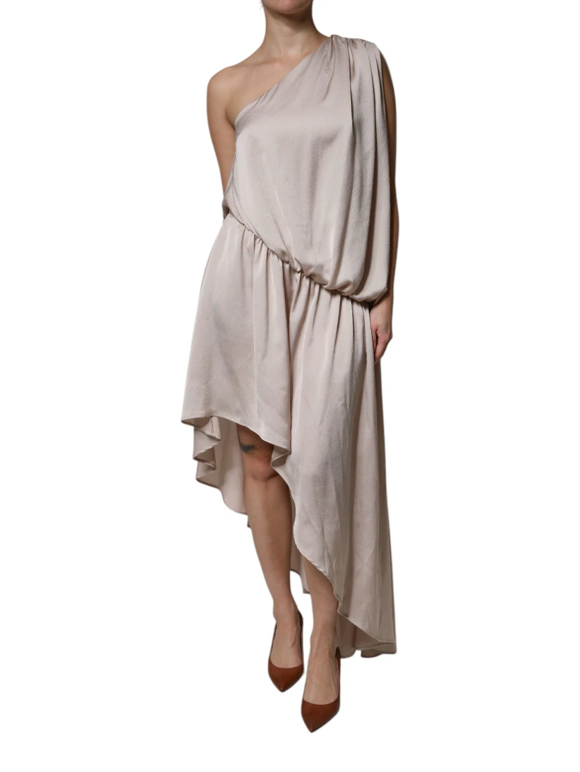 Beige One Shoulder Asymmetric Drape Dress
