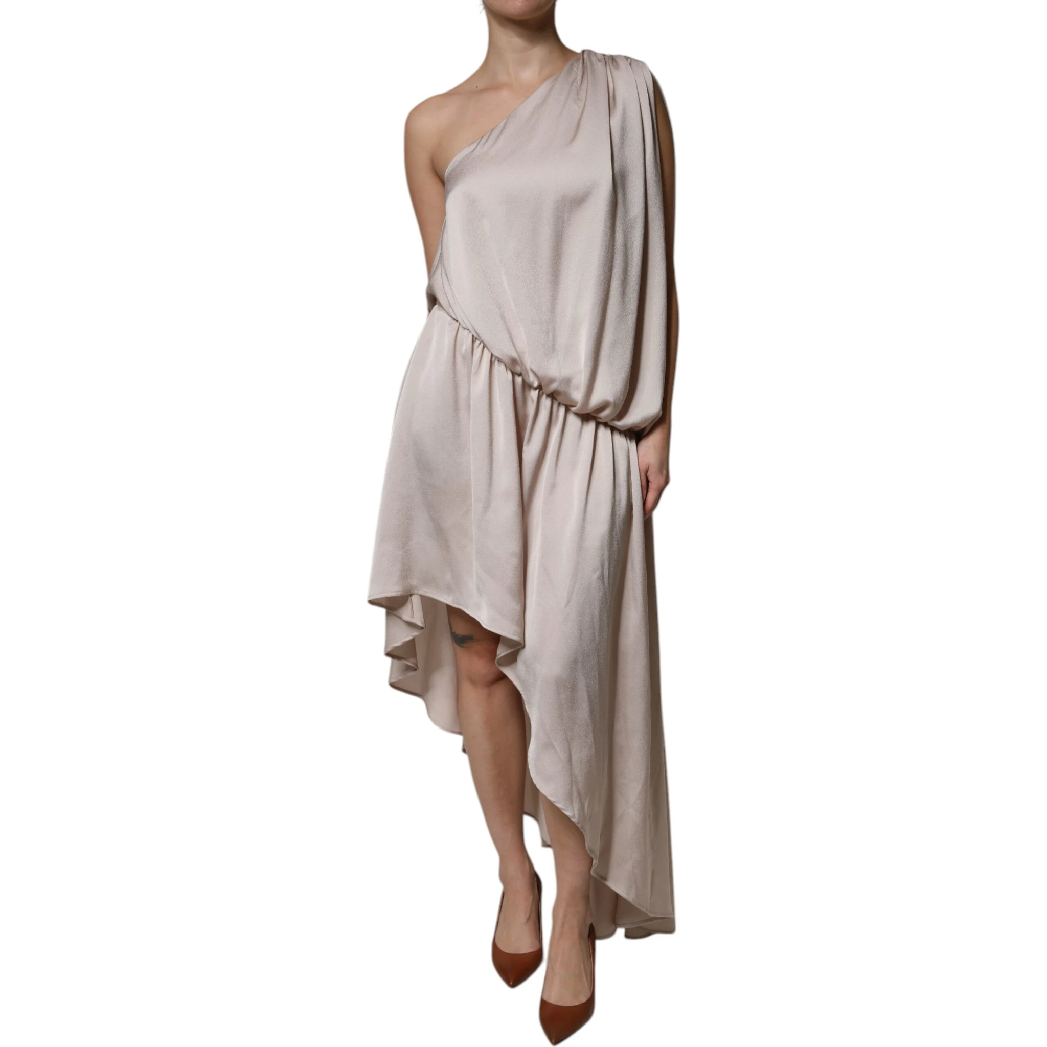 Beige One Shoulder Asymmetric Drape Dress