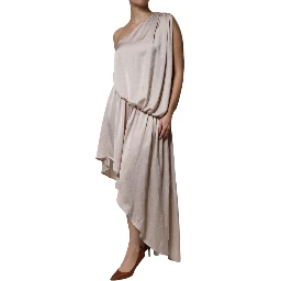 Beige One Shoulder Asymmetric Drape Dress