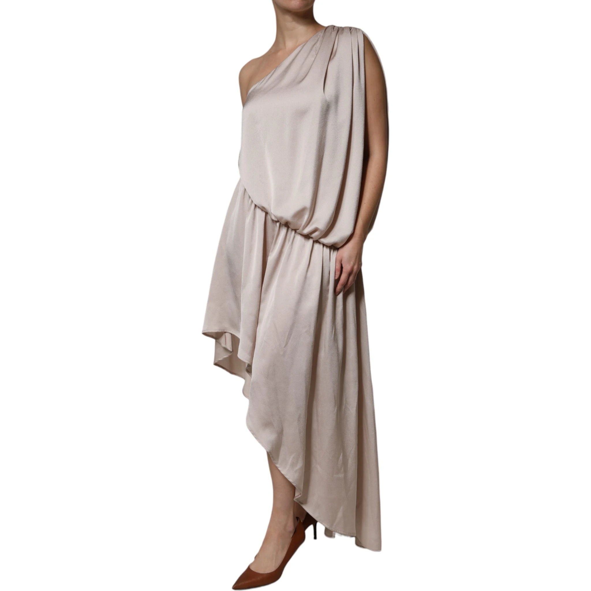 Beige One Shoulder Asymmetric Drape Dress
