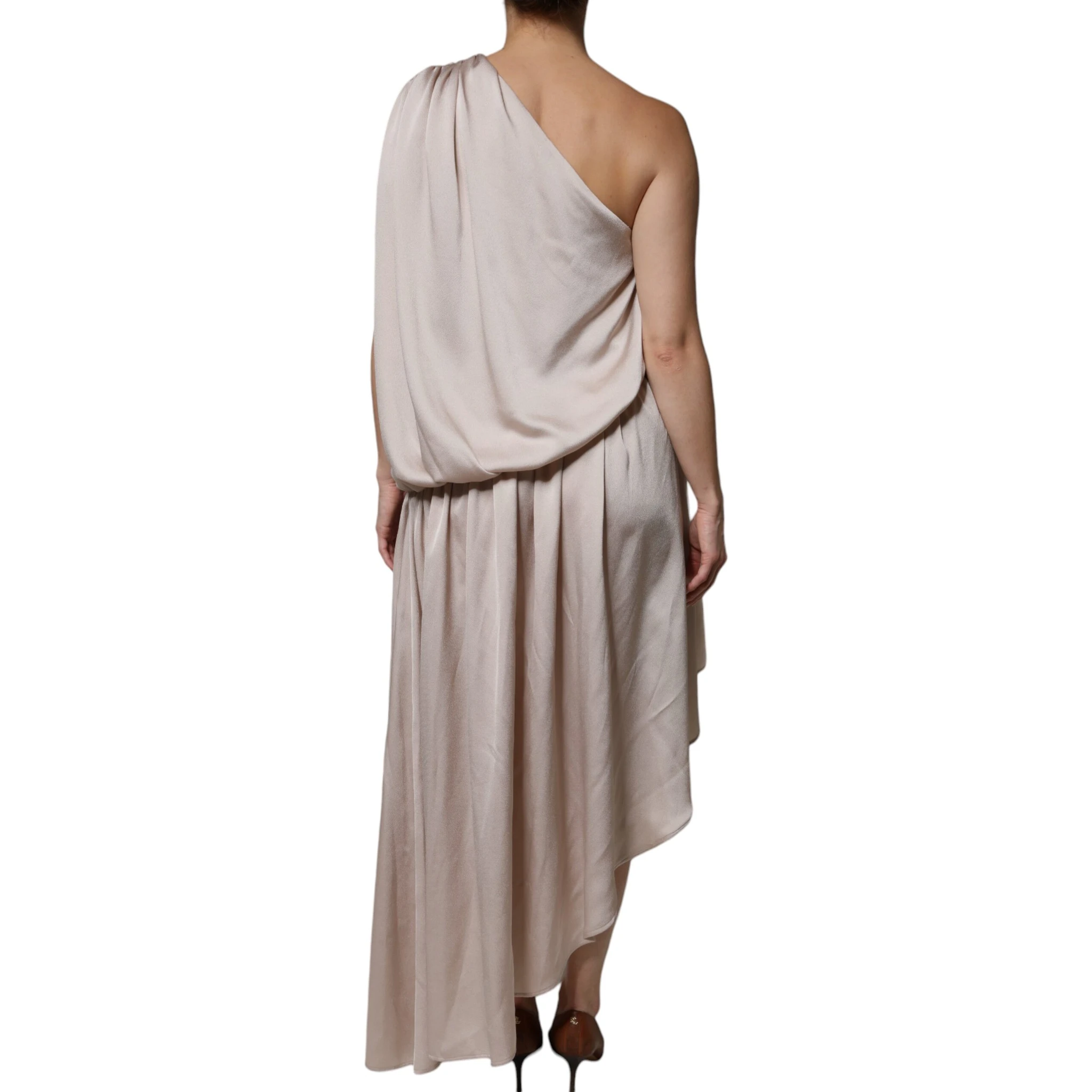 Beige One Shoulder Asymmetric Drape Dress