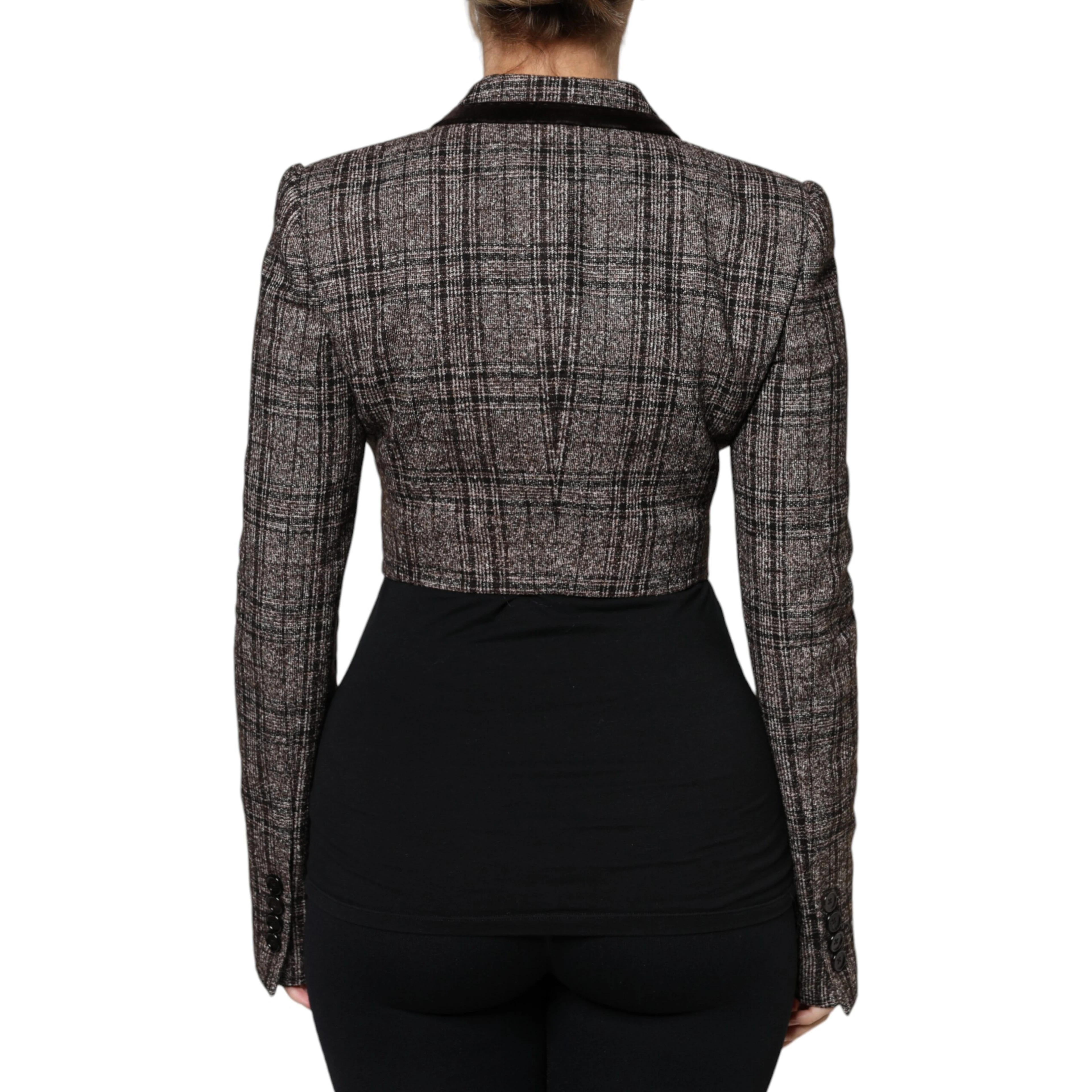 Brown Plaid Long Sleeve Cropped Coat Jacket