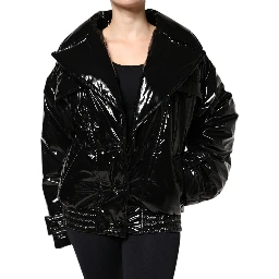 Black Polyester Button Down Blouson Jacket