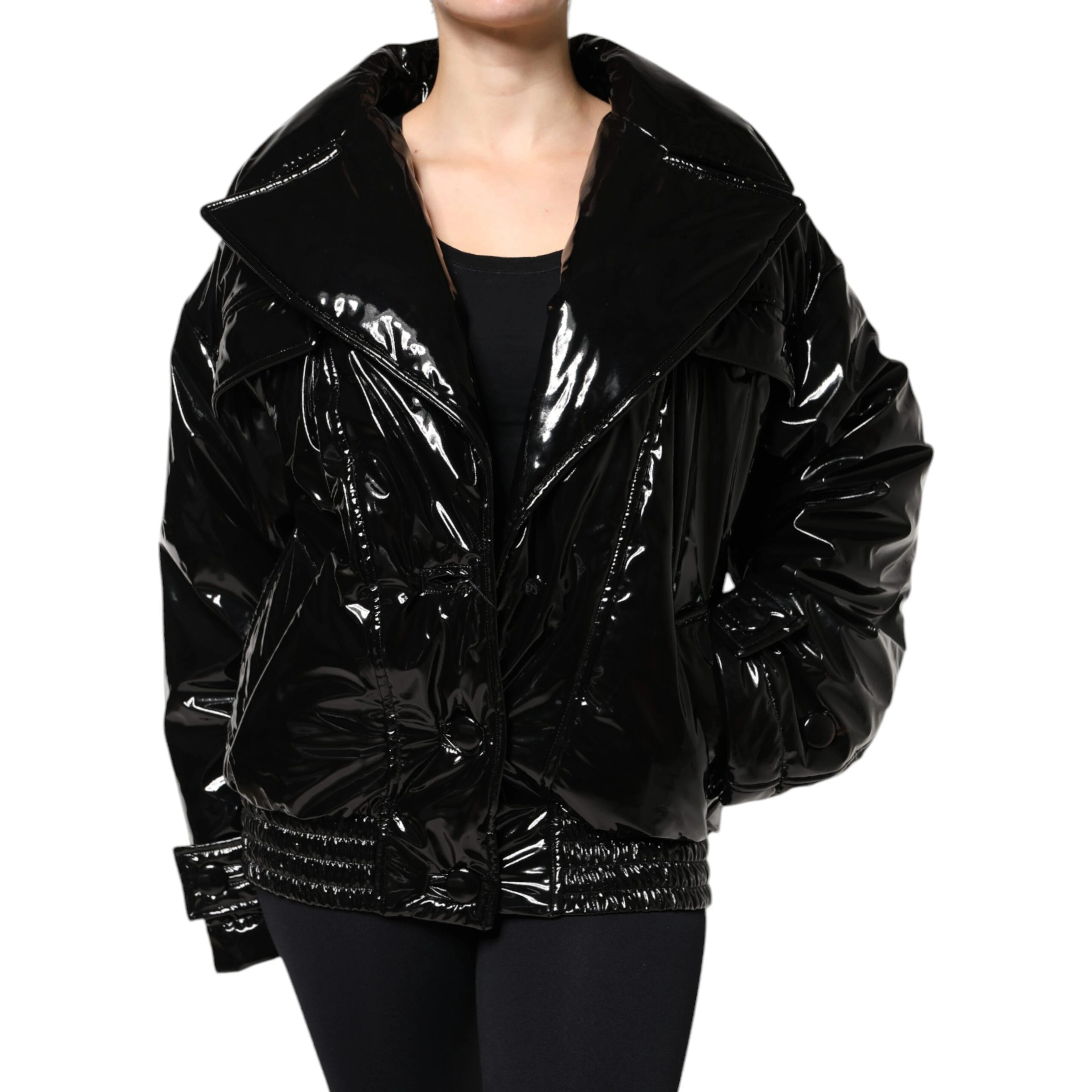 Black Polyester Button Down Blouson Jacket