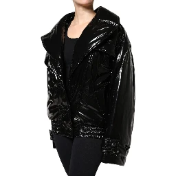 Black Polyester Button Down Blouson Jacket