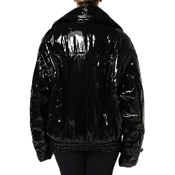 Black Polyester Button Down Blouson Jacket