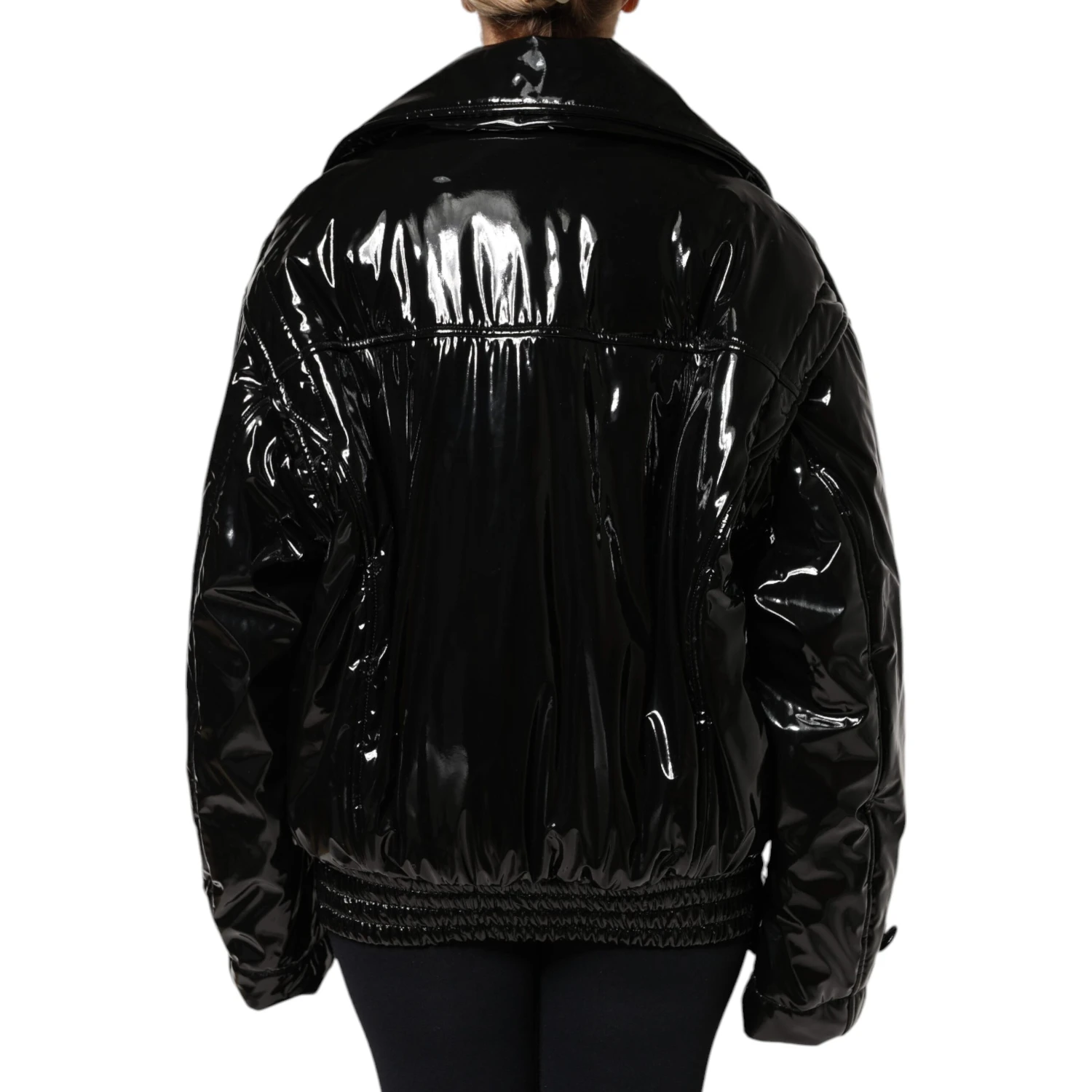 Black Polyester Button Down Blouson Jacket