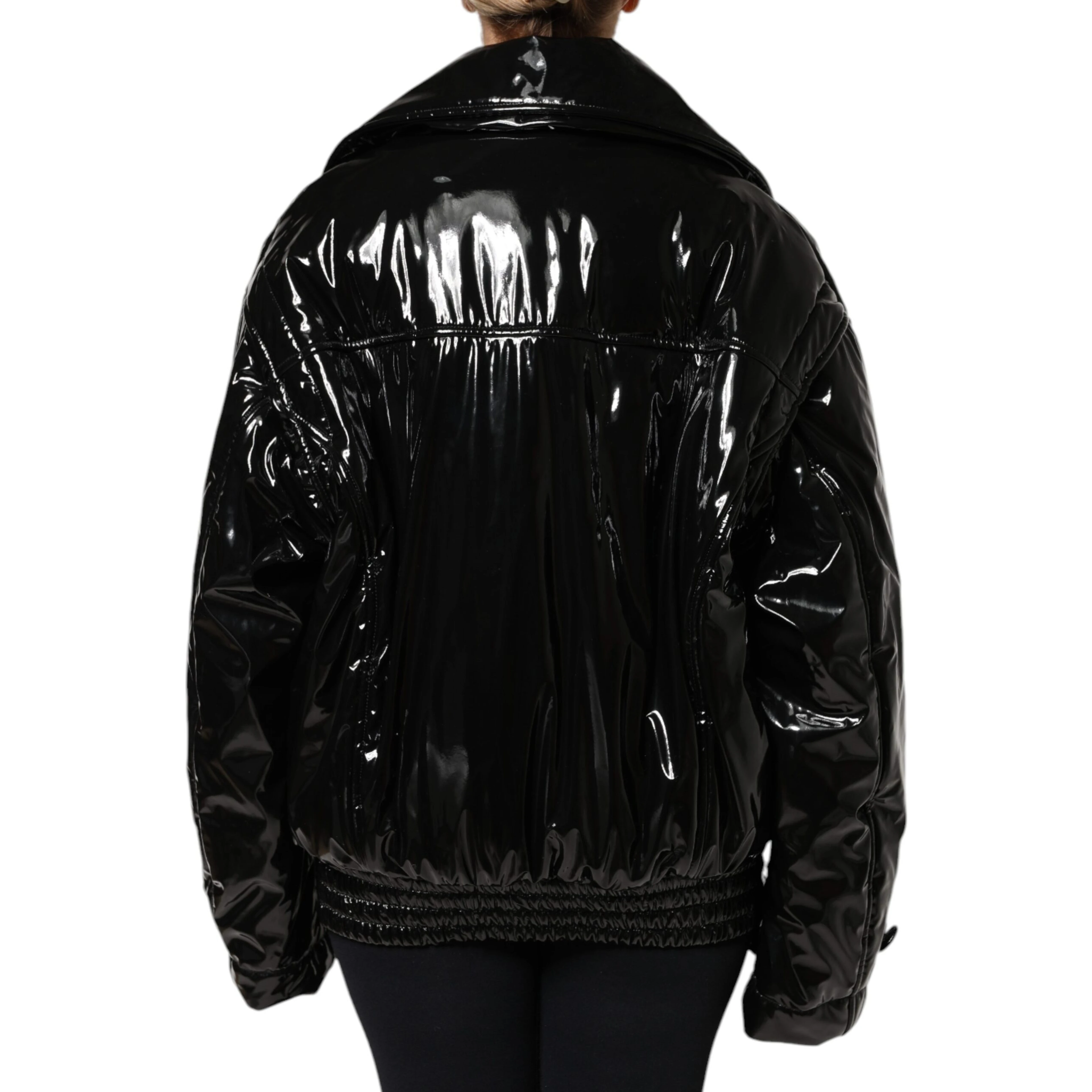 Black Polyester Button Down Blouson Jacket