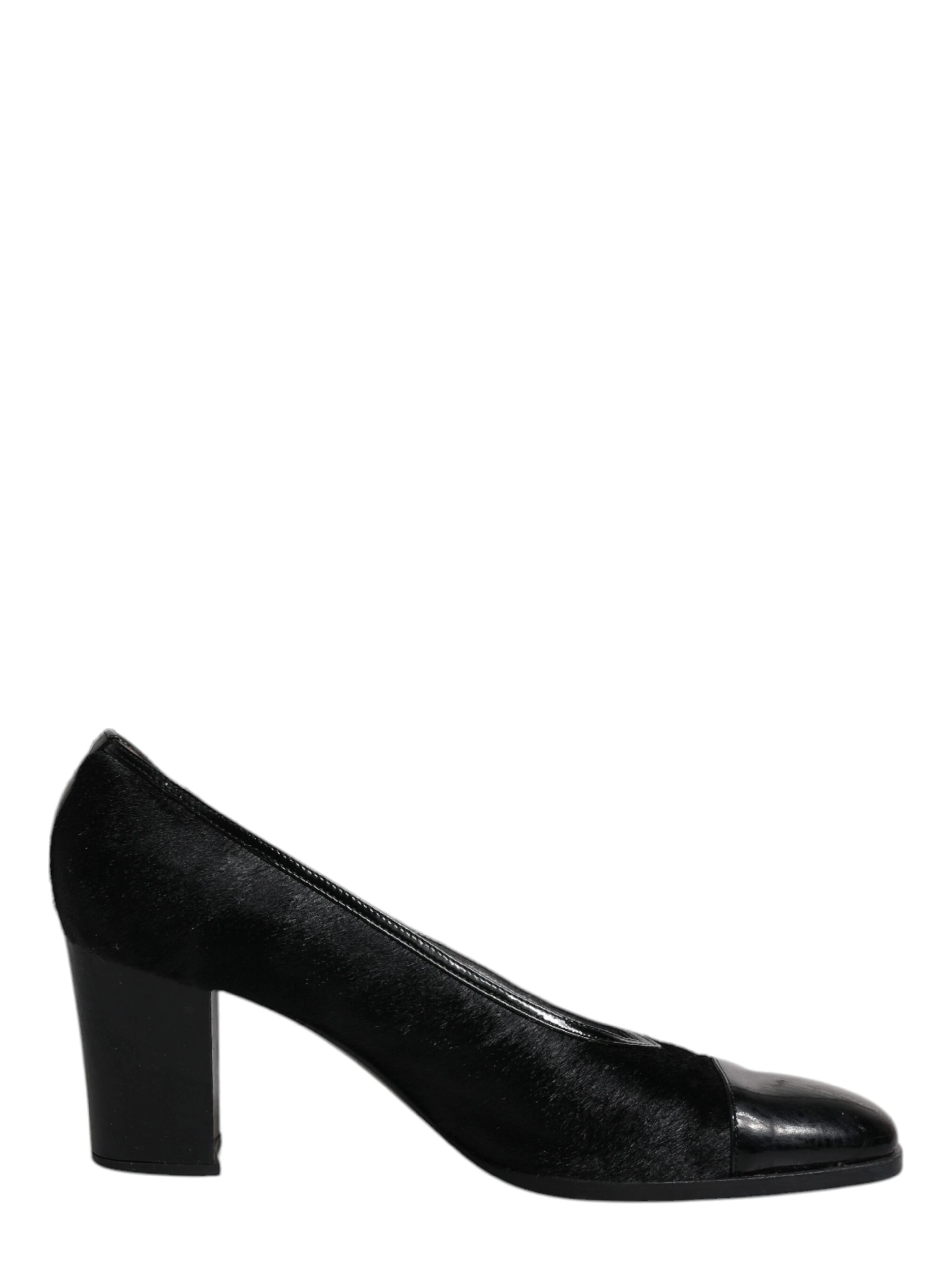 Black Leather Block Heels Pumps Shoes