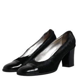 Black Leather Block Heels Pumps Shoes