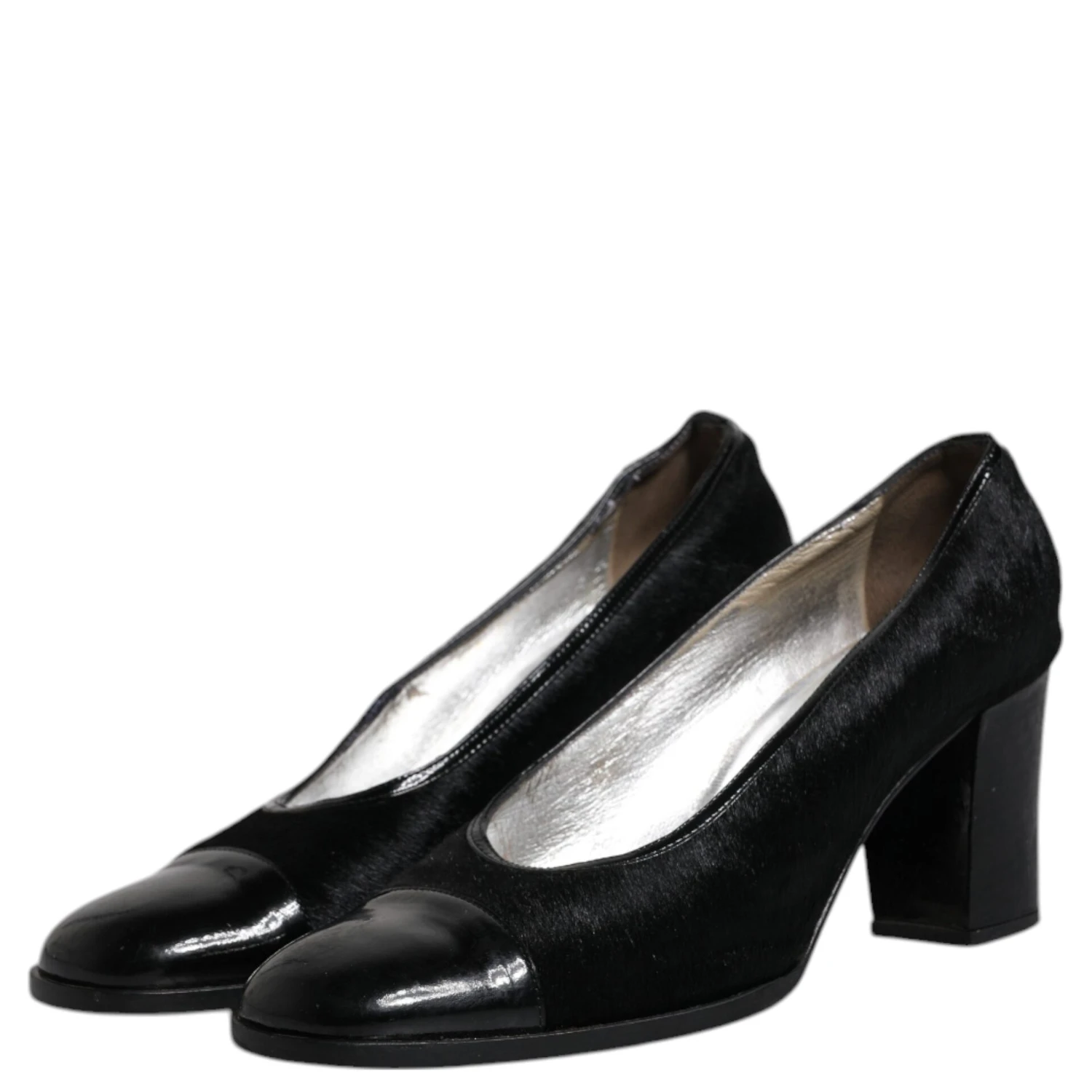 Black Leather Block Heels Pumps Shoes