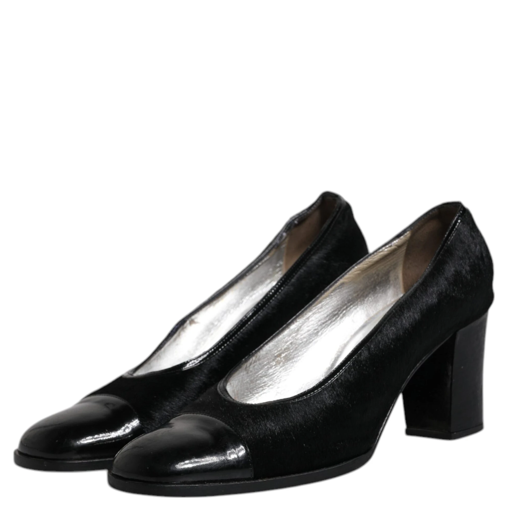 Black Leather Block Heels Pumps Shoes