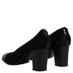 Black Leather Block Heels Pumps Shoes