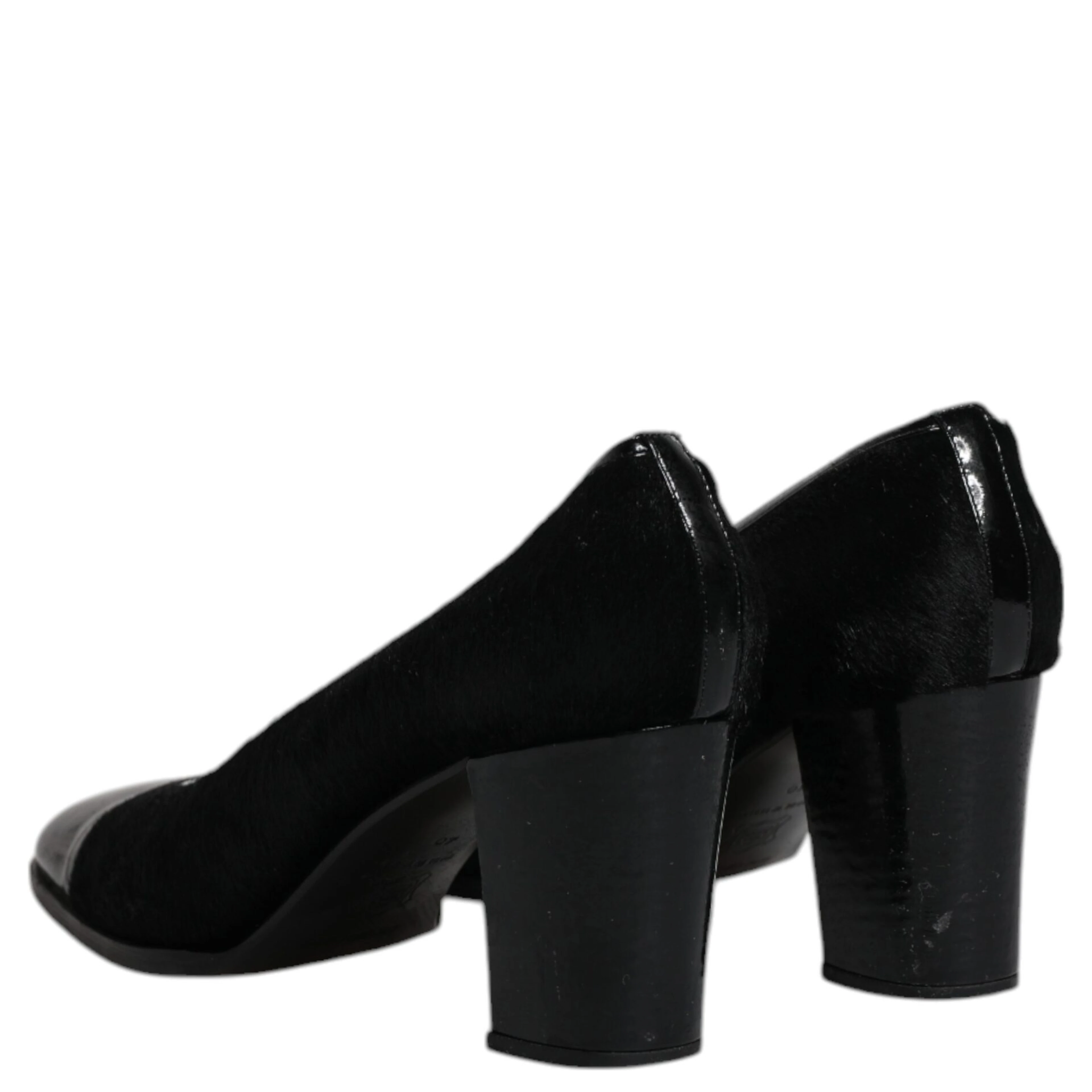 Black Leather Block Heels Pumps Shoes