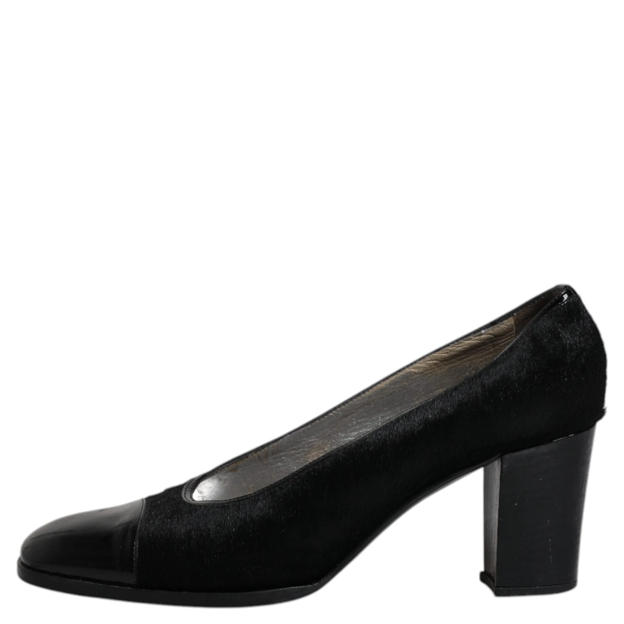 Black Leather Block Heels Pumps Shoes