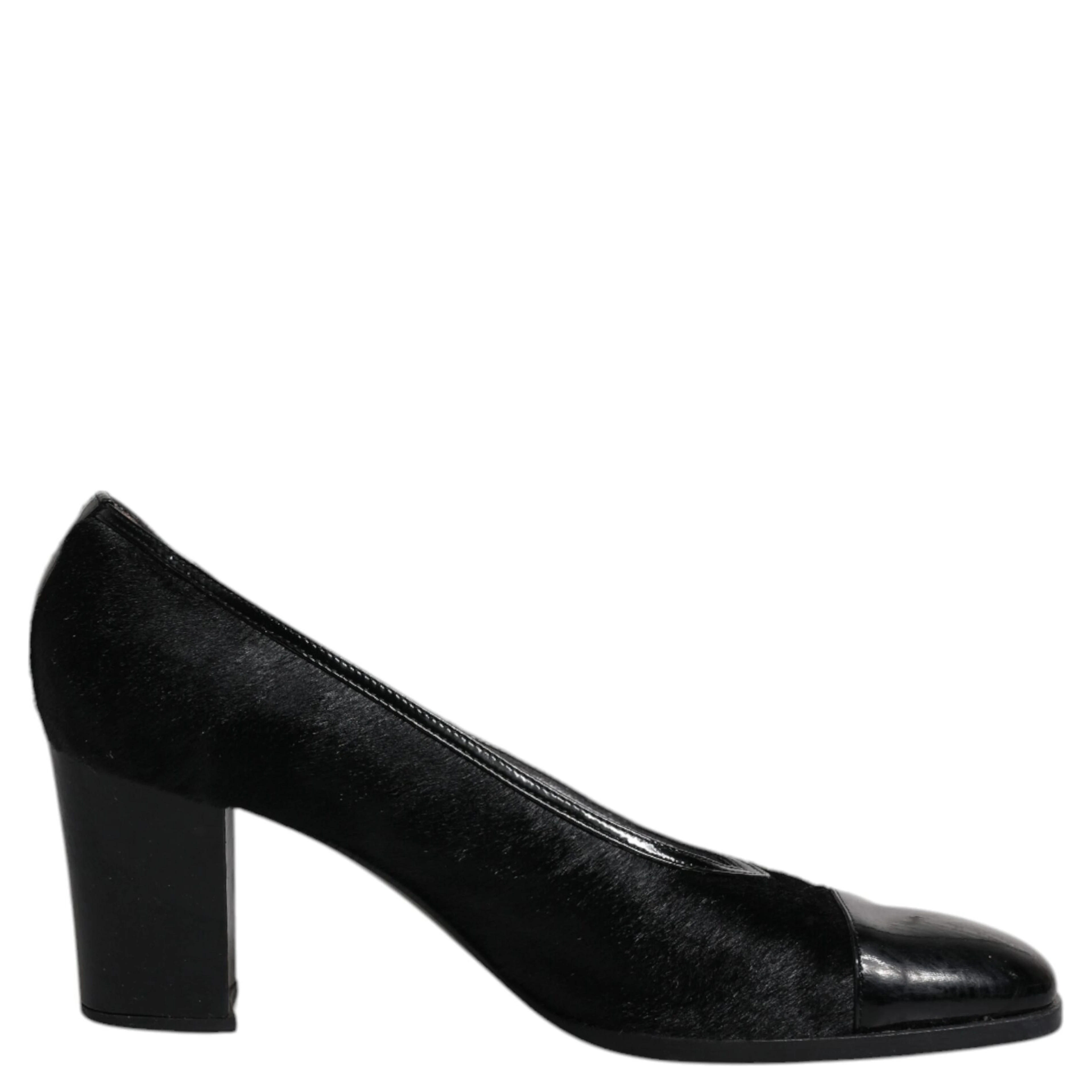 Black Leather Block Heels Pumps Shoes