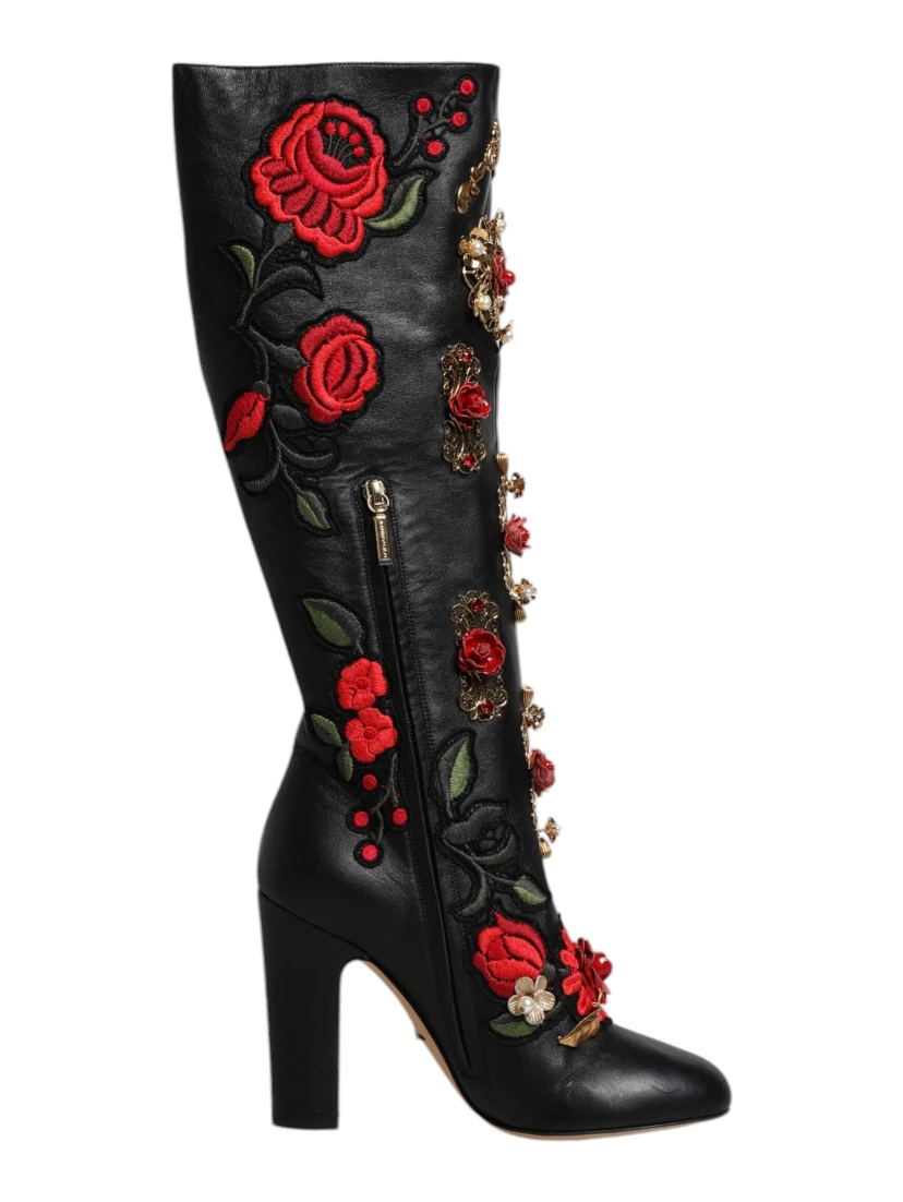 Black Roses Embellished Leather Heel Boots Shoes