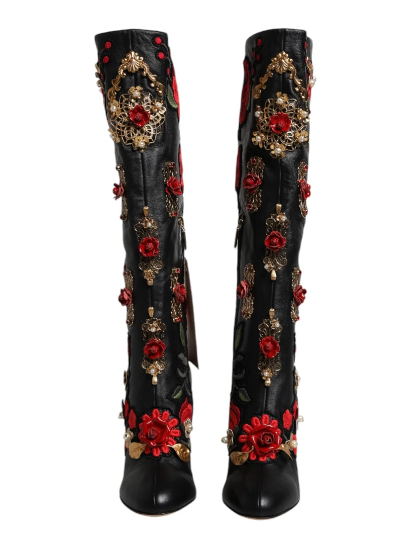 Black Roses Embellished Leather Heel Boots Shoes