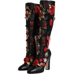 Black Roses Embellished Leather Heel Boots Shoes