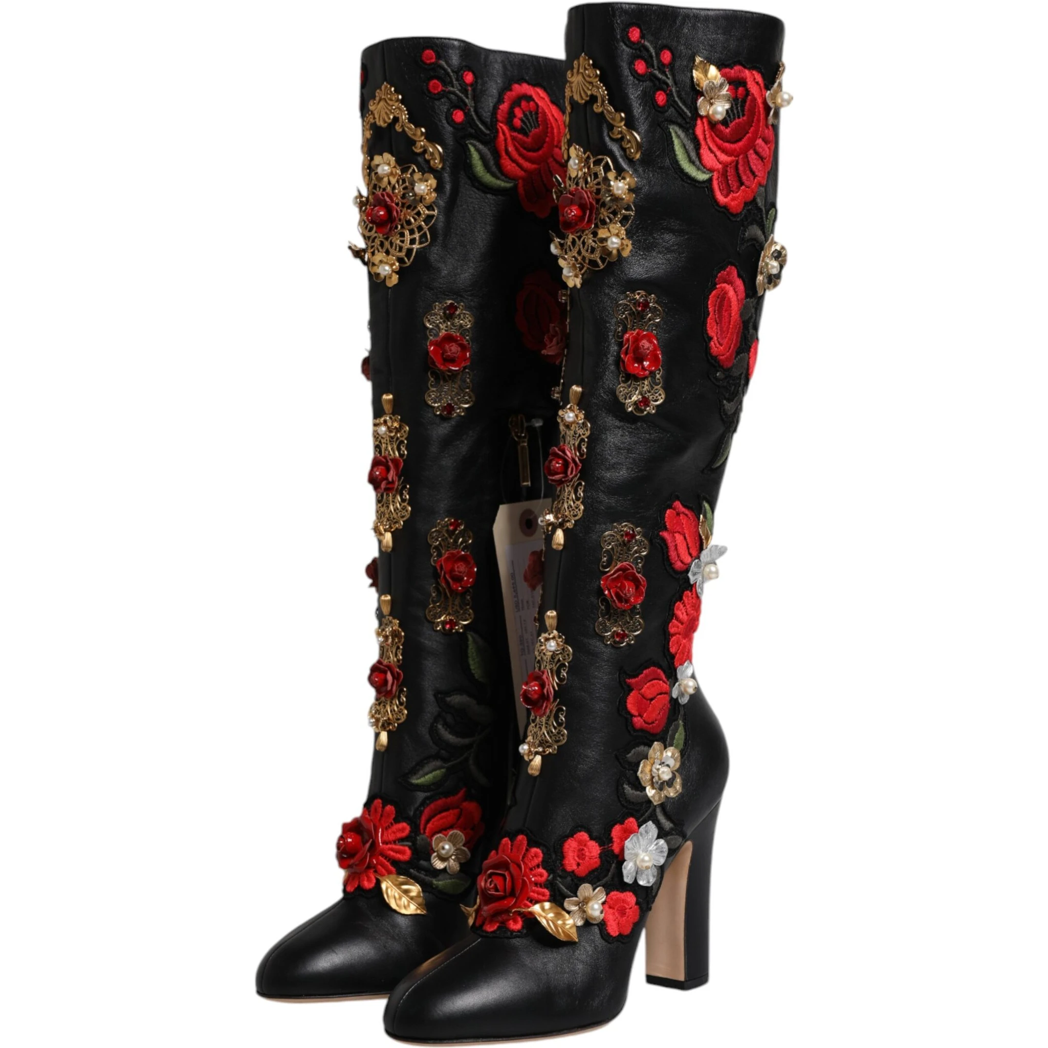 Black Roses Embellished Leather Heel Boots Shoes