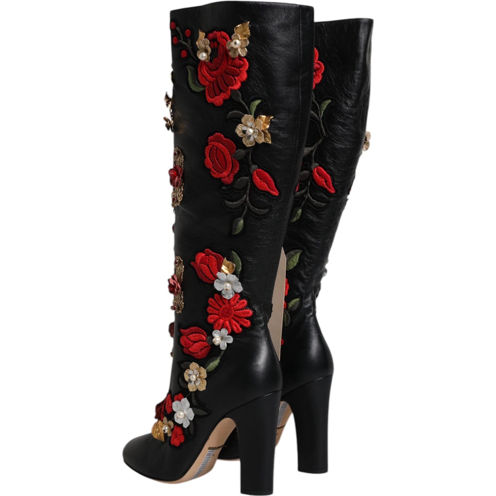Black Roses Embellished Leather Heel Boots Shoes