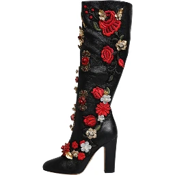 Black Roses Embellished Leather Heel Boots Shoes