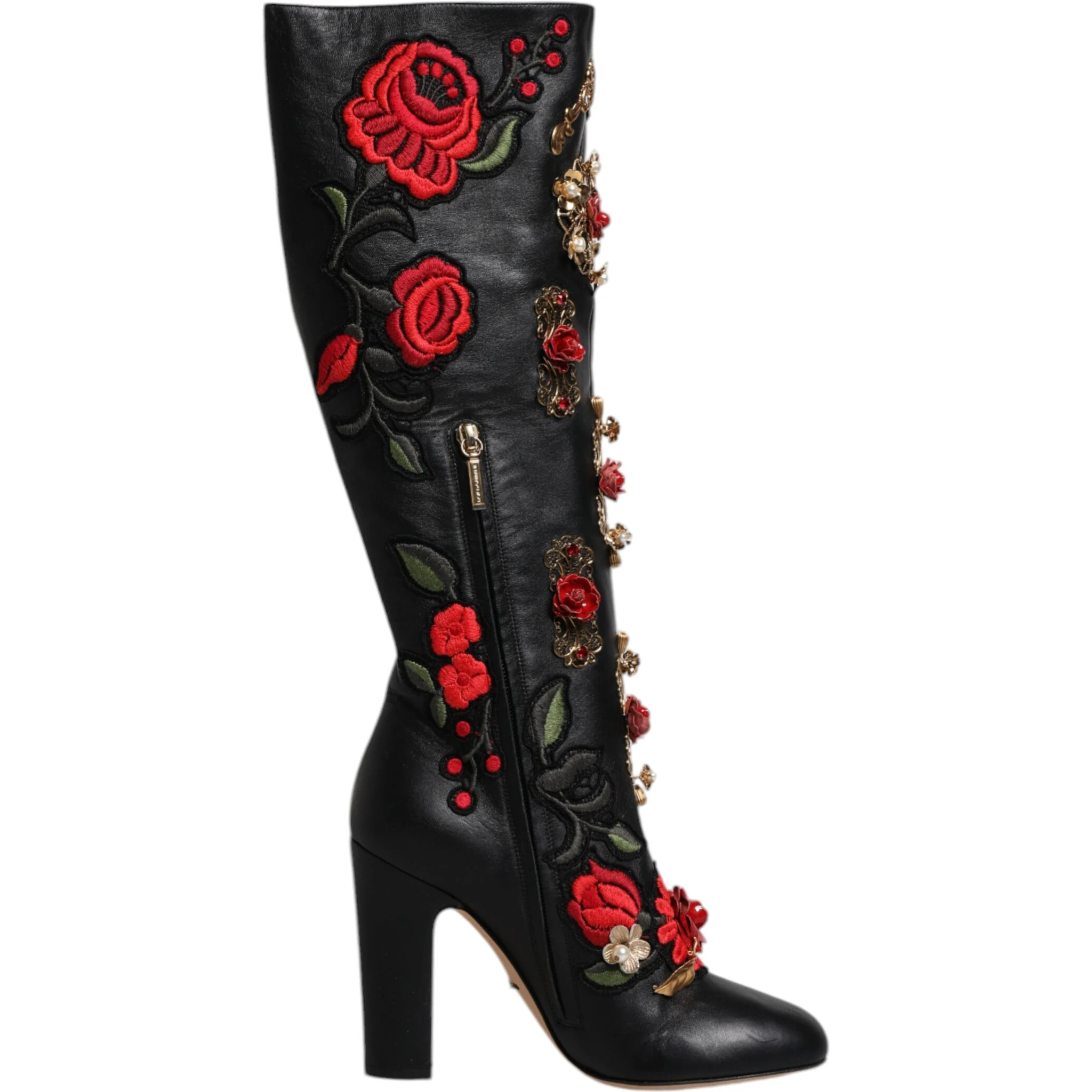 Black Roses Embellished Leather Heel Boots Shoes