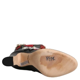 Black Roses Embellished Leather Heel Boots Shoes