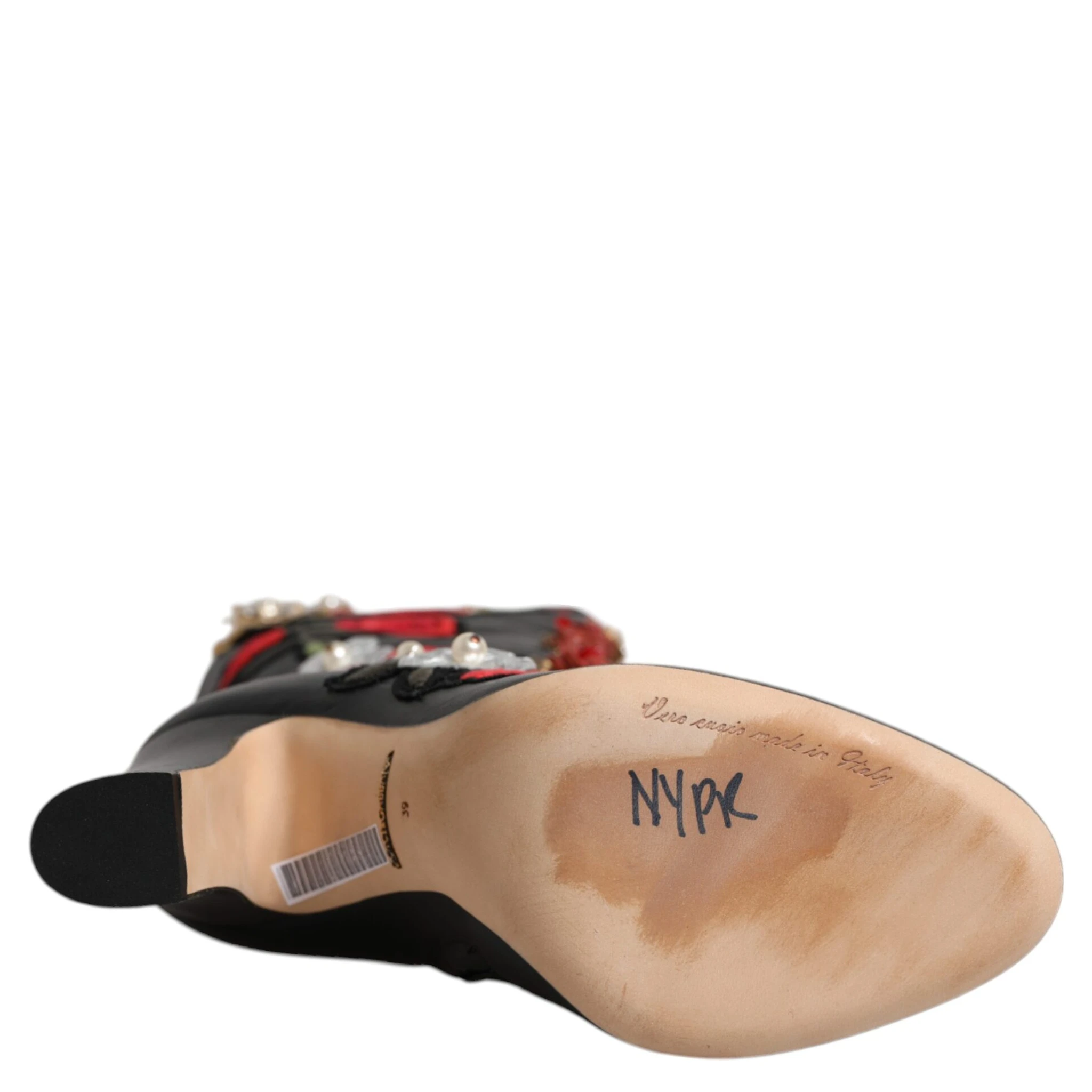 Black Roses Embellished Leather Heel Boots Shoes