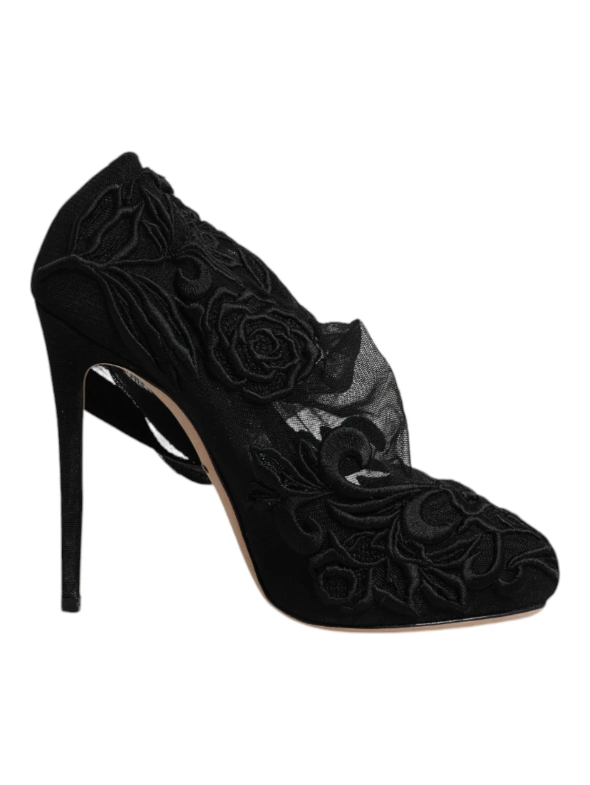 Black Tulle Stretch Heels Mid Calf Boots Shoes