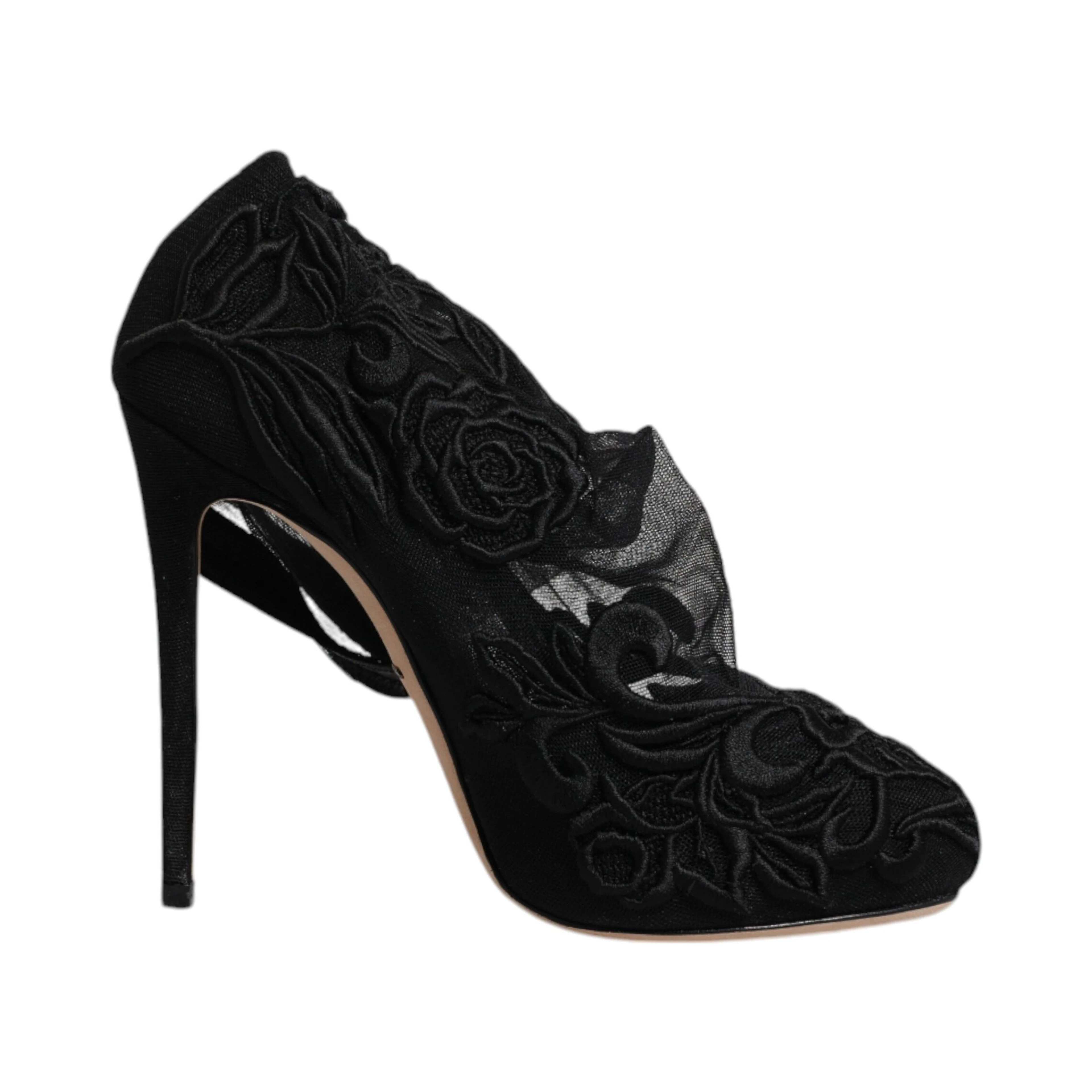 Black Tulle Stretch Heels Mid Calf Boots Shoes