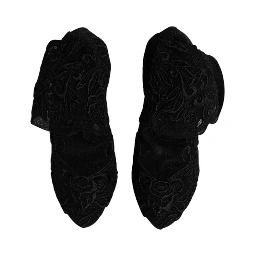 Black Tulle Stretch Heels Mid Calf Boots Shoes