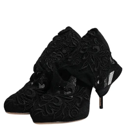 Black Tulle Stretch Heels Mid Calf Boots Shoes