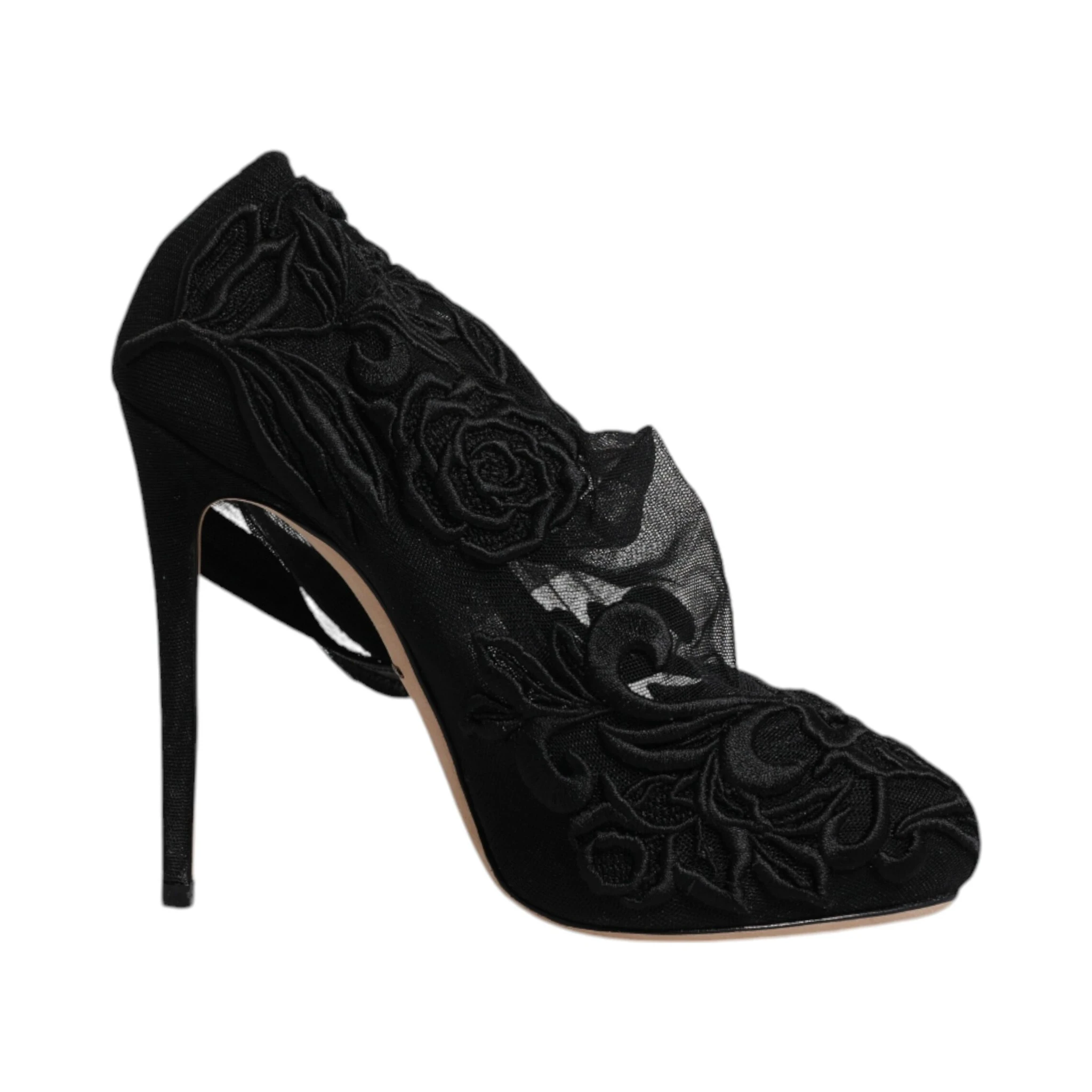 Black Tulle Stretch Heels Mid Calf Boots Shoes