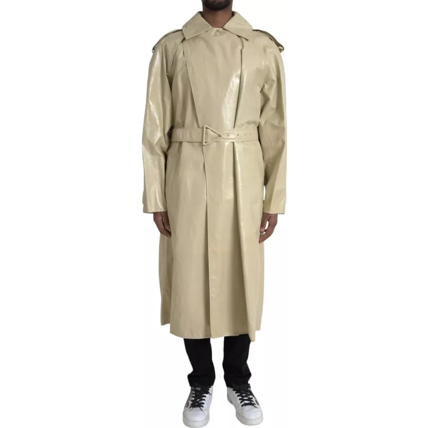 Beige Lambskin Leather Trench Coat Jacket