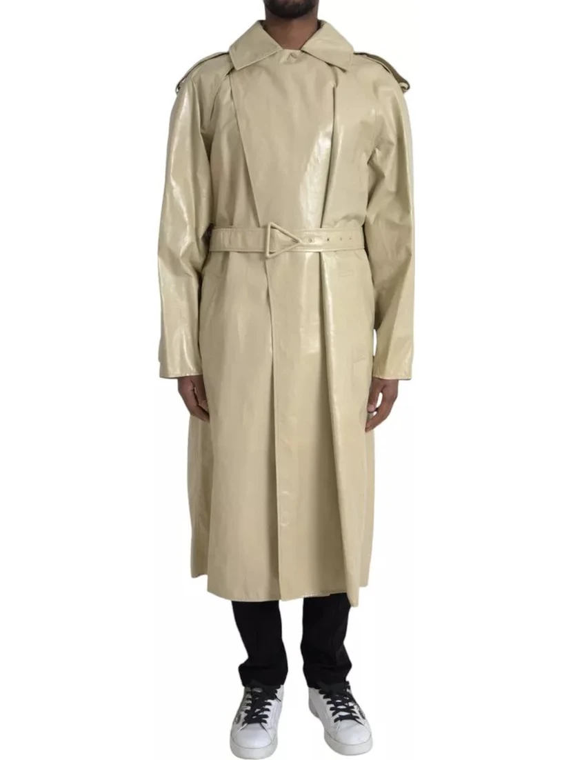 Beige Lambskin Leather Trench Coat Jacket